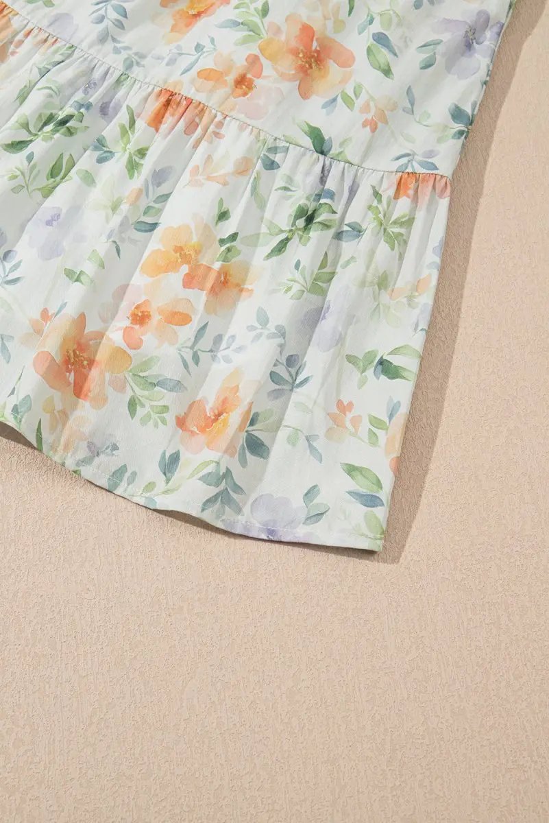 Beige Floral Print Shirred High Waist Puff Sleeve Mini Dress - Love Salve